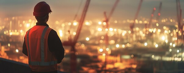 Supervisor inspecting construction site at dusk, blurred city lights, industrial cranes in the background, safety attire