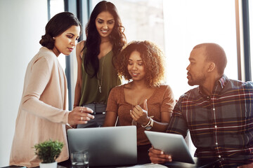 Teamwork, office and business people on laptop and tablet for planning, meeting and collaboration. Discussion, company and people on digital tech for project feedback, research and website in morning