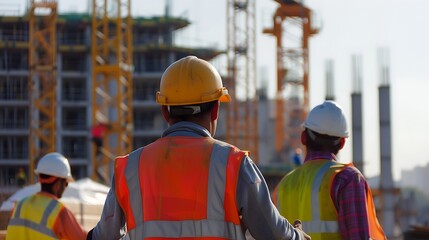 Construction workers wearing hard hats and safety vests at a construction site.