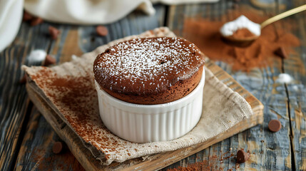 Decadent chocolate souffle with powdered sugar on top in a white dish on a wooden table.