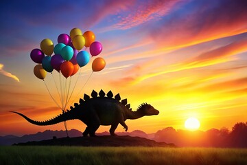 Baby Ankylosaurus with Colorful Balloons at the Fair – A Whimsical Silhouette Scene Capturing the...