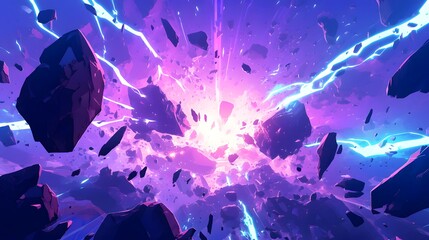 A digital illustration of a cosmic explosion with bright blue energy and purple hues.