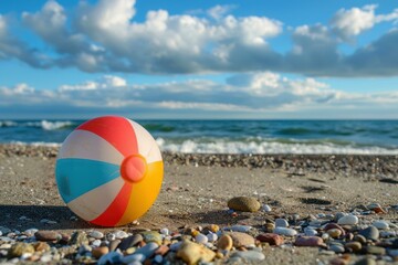 Obraz premium Colorful beach ball is lying on a sandy beach with the ocean and waves in the background