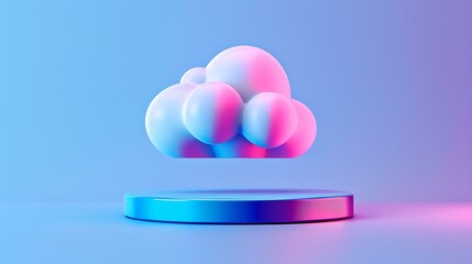 A 3D rendering of a fluffy cloud floating above a podium. The cloud is illuminated by a soft pink light, and the podium is a deep blue.