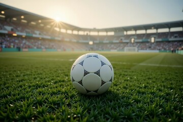 Fototapeta premium A soccer ball is currently resting on top of a wellmaintained soccer field