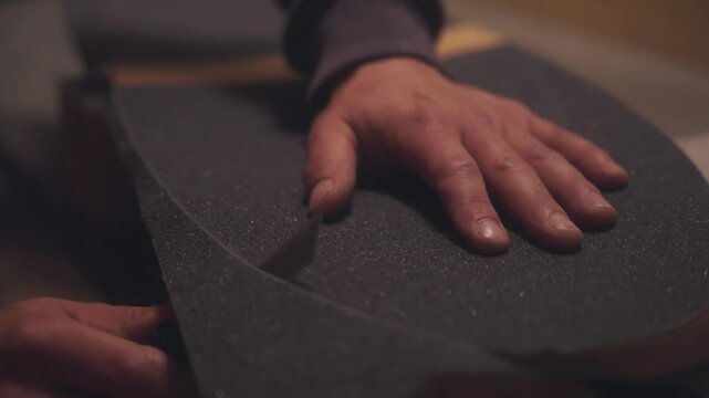 A craftsman cuts grip tape on a skateboard