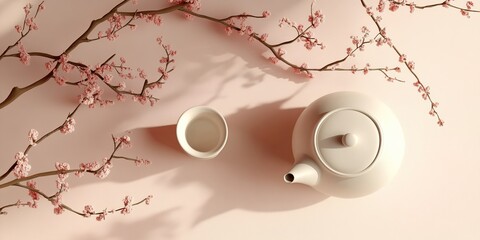 Abstract Marketing Background Featuring an Aerial View of a Chinese White Teapot and Teacup Surrounded by Plum Blossoms on Vintage Blank White Paper. This High-Angle Perspective Composition Utilizes 3