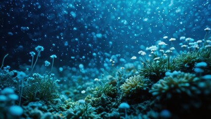 Naklejka premium A serene underwater scene featuring delicate blue-green algae and tiny flowers, illuminated by soft light, creating a tranquil and magical atmosphere