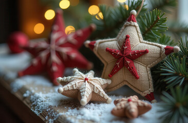 Cozy Christmas decorations with embroidered stars and pine branches