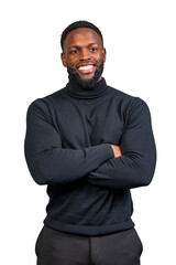 Confident businessman smiling with folded arms on white background