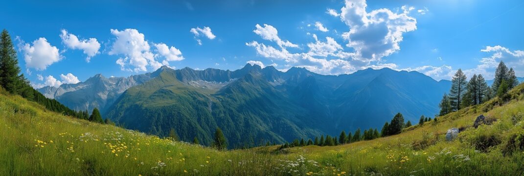 A beautiful mountain range with a clear blue sky. The mountains are covered in lush green trees and the grass is a bright yellow color. The sky is dotted with fluffy white clouds, creating a serene