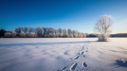 Obraz premium Winter Wonderland Landscape with Snow Covered Trees and Footprints