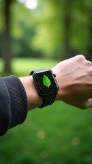 Fototapeta premium Smartwatch on hand showing leaf icon, emphasizing sustainability, environmental awareness, and eco-conscious lifestyle.