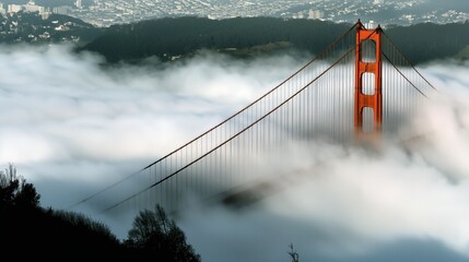 Golden gate bridge emerging above san francisco fog