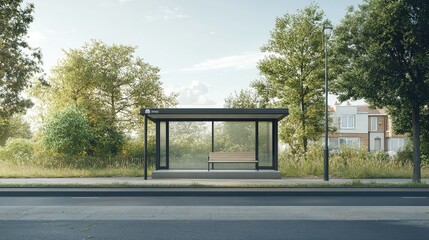 Fototapeta premium Minimalist bus stop on a quiet suburban street with a simple bench and a few trees in the background.