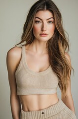 Fashion photoshoot of a beautiful woman wearing a cropped top and sweatpants, with a beige knitted texture fabric in neutral colors.