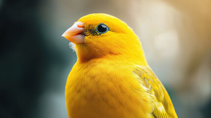 Close-up of a vibrant yellow canary with striking black eyes and soft feathers. Captures the bird’s intricate details in a natural, well-lit setting.