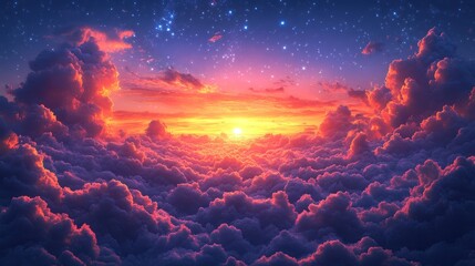 A vibrant sunset over clouds, illuminating the sky with colors.