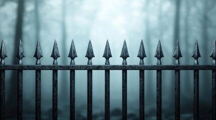 Wrought Iron Gate with Pointed Spikes against a Foggy Forest Background