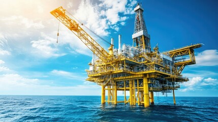 Offshore drilling platform from a high angle, standing strong in the vast ocean, with endless blue waves and cloud-dotted sky above.