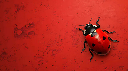 A red ladybug sits on a red background. The ladybug has black spots on its back. The ladybug is facing the viewer.