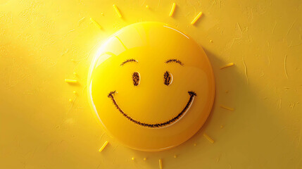3D rendering of a happy sun. The sun is made of a yellow sphere with a smiley face on it. The sphere is surrounded by a yellow background.