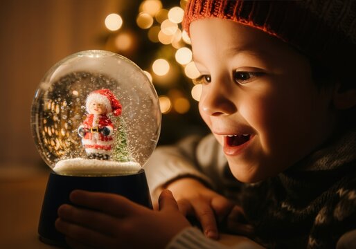 Young child holds a snow globe featuring santa claus, gazing at it with wonder during the christmas season