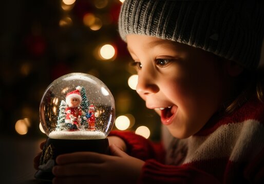 Happy child looking with wonder at christmas snow globe with santa claus figurine, in front of blurred christmas tree lights - Powered by Adobe
