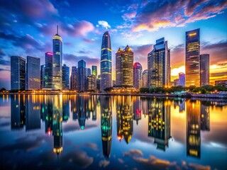 Fototapeta premium Breathtaking Twilight Cityscape: Modern Skyscrapers Reflected in Serene Water - A Panoramic View Captured in Low Light Photography