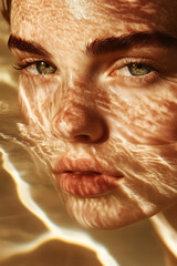 A refreshing and radiant portrait of a young woman near a pool, enjoying summer sunlight.