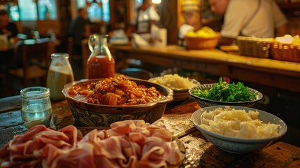 Fototapeta premium Traditional Trieste Restaurant Spread with Deli Meats and Stews Feast of St. Giusto