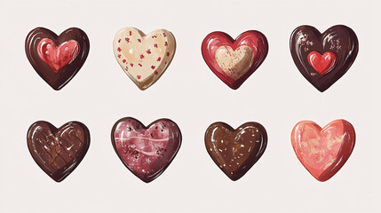 Fototapeta premium A variety of handmade, heart-shaped chocolates in different designs and textures, arranged beautifully. Perfect for romantic or Valentine’s themes.