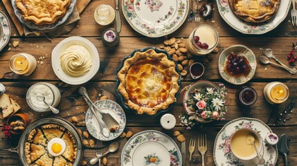 Rustic autumn dessert spread with pies and floral china for thanksgiving celebration British Pudding Day