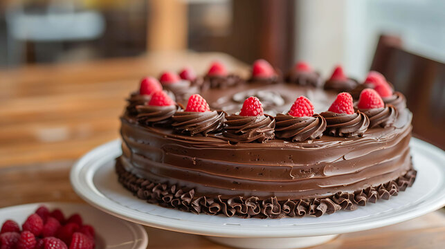 Rich and decadent chocolate cake with raspberry ganache and fresh raspberries on top. The cake is sitting on a white plate on a wooden table.