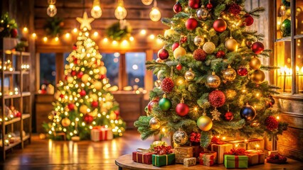 Brightly Decorated Christmas Tree in a Cozy Indoor Space Surrounded by Twinkling Lights and Festive Ornaments, Creating a Warm Holiday Atmosphere Perfect for Celebrations