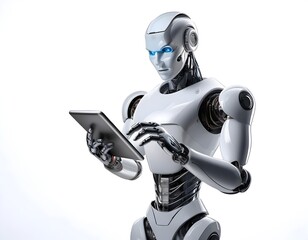 Futuristic Robot Interacting with Tablet on White Background"
