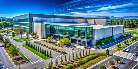 Candid Photography of a Large Modern Data Center in Silicon Valley, Showcasing Industrial Architecture and High-Tech Infrastructure Amidst a Bustling Technology Hub