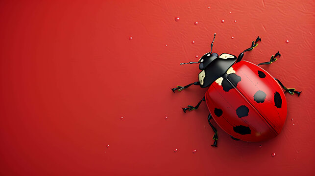 A red ladybug sits on a red background. The ladybug has black spots on its back. The ladybug is facing the left of the image.