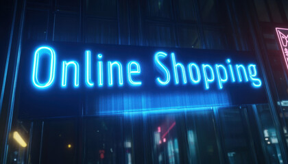 Obraz premium Neon signage glowing blue with the phrase 'Online Shopping' against a dark urban backdrop, conveying a modern digital commerce theme at night.