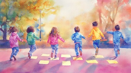 Naklejka premium Children Playing Hopscotch in Watercolor Style