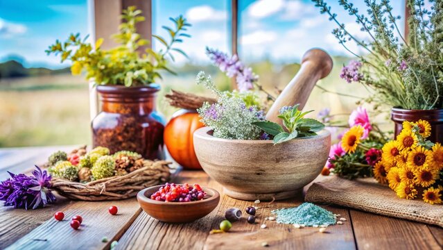Candid Photography of Natural Remedies and Herbal Practices for Emmenagogues in a Serene and Inspiring Setting