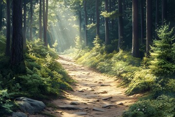 Obraz premium A path through a forest with trees on either side