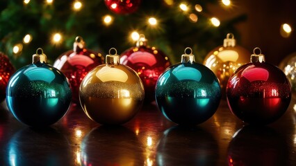 Colorful Christmas ornaments with sparkling details, beautifully arranged against a festive backdrop of lights and greenery. Perfect for holiday decorations and seasonal themes