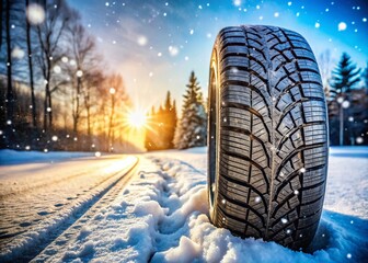 Candid Photography of Winter Tire Rubber Treads on Snowy Ground, Capturing the Detail and Texture of Snow-Covered Roads and the Importance of Winter Tires in Cold Conditions