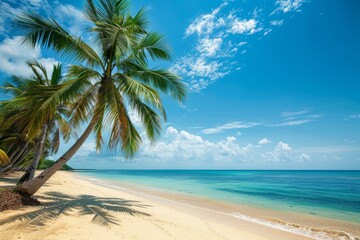 Obraz premium Lone coconut palm tree is casting its shadow on a pristine sandy beach with turquoise water and blue sky