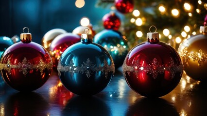 Fototapeta premium Colorful Christmas ornaments with sparkling details, beautifully arranged against a festive backdrop of lights and greenery. Perfect for holiday decorations and seasonal themes