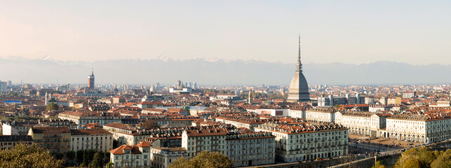 Naklejka premium The Mole Antonelliana aerial panoramic view, a major landmark building in Turin city, Piedmont region of Italy