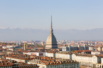 .The Mole Antonelliana aerial panoramic view, a major landmark building in Turin city, Piedmont region of Italy.The Mole Antonelliana aerial panoramic view, a major landmark building in Turin city