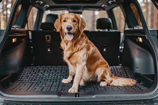 Golden retriever on adventure ready for outdoor travel in car trunk with forest background Thankful For My Dog Day