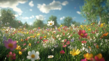 Obraz premium Vibrant wildflower meadow blooming under a clear blue sky during the spring season
